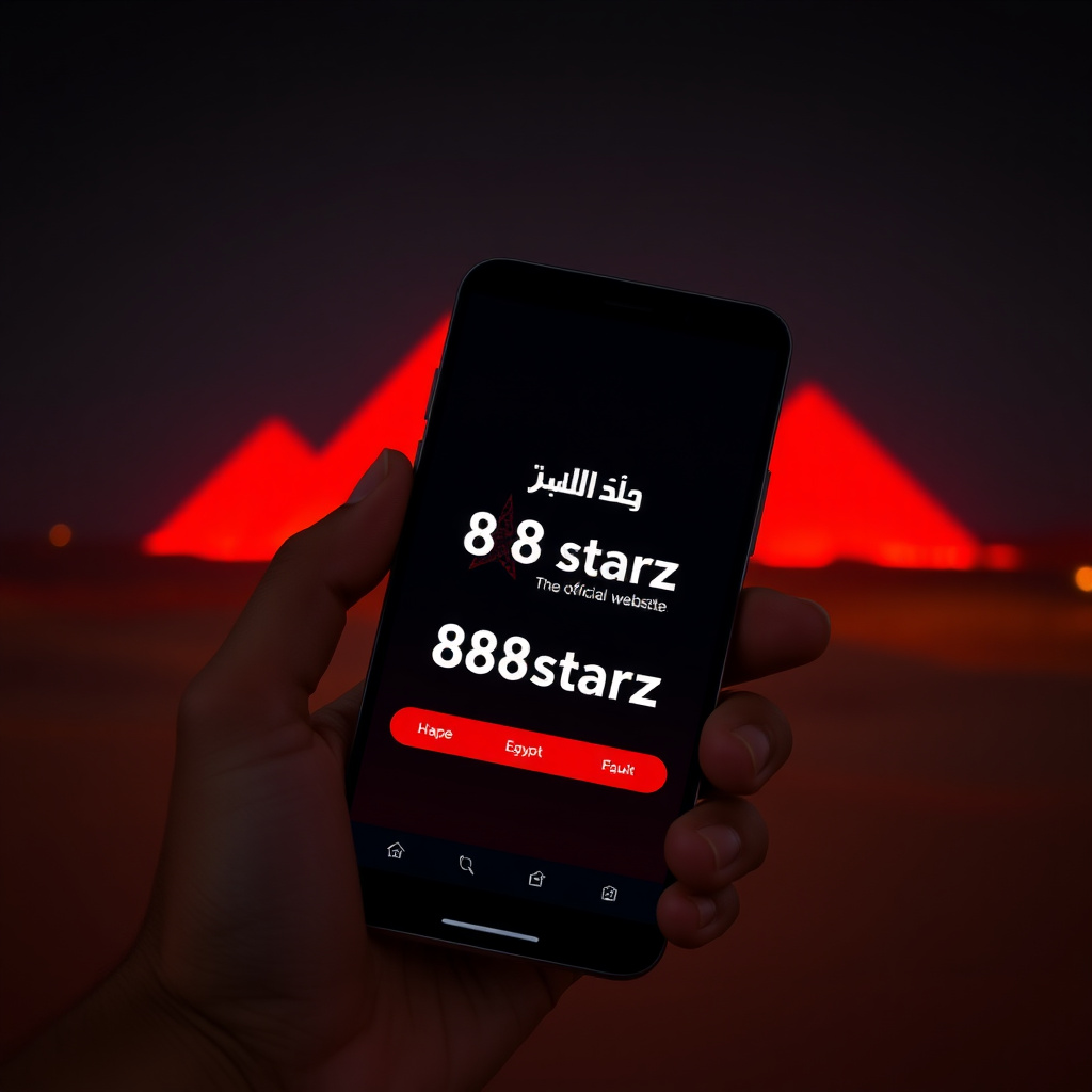 A hand holding a high-end smartphone displaying the official 888starz Egypt app, the screen shows the Arabic text \